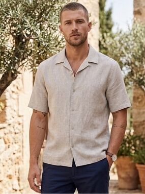Zara Men's Short-Sleeve Linen Casual Button Up Shirt in Light Beige Size XL